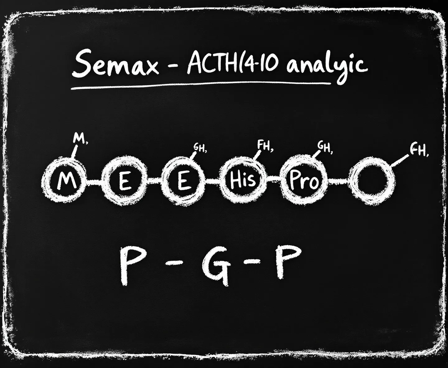 Chalkboard sketch-note of the MEHFPGP heptapeptide chain with the Pro-Gly-Pro stabilizing tail circled and labeled